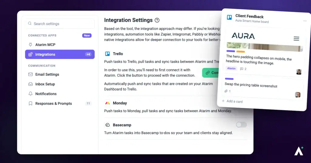 Atarim integration settings with Trello connected, beside a Trello board