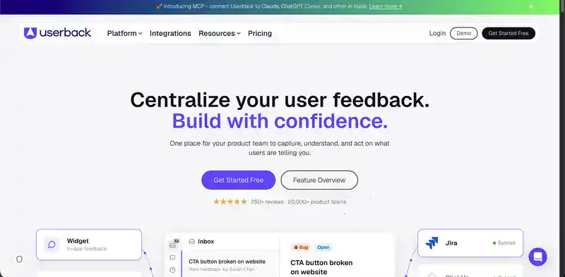 Userback homepage: centralize your user feedback, with an in-app feedback widget, inbox and Jira sync