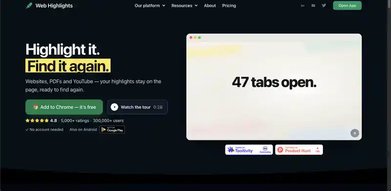 Web Highlights homepage, a website annotation tool for highlighting websites, PDFs and YouTube, free with no account needed